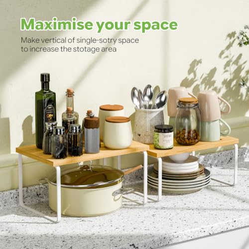 Ekisemio Kitchen Cabinet Organizer, Bamboo Spice Rack Organizer for Cabinet, Stackable & Expandable Counter Shelves, Set of 4, White and Natural