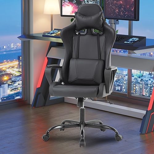 PayLessHere Ergonomic Racing Desk Chair Gaming Chair Computer Chair with Armrests 360° Swivel & Caster Pu Desk Task Chair Executive Headrest Lumbar Support for Back Pain Women Men and Adults (Black) - color: Black