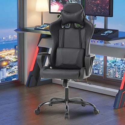 PayLessHere Ergonomic Racing Desk Chair Gaming Chair Computer Chair with Armrests 360° Swivel & Caster Pu Desk Task Chair Executive Headrest Lumbar Support for Back Pain Women Men and Adults (Black) - color: Black