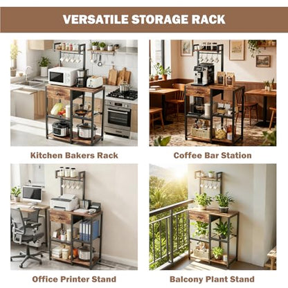 Kitchen Bakers Rack with Drawer,6 Tier Microwave Stand with Hooks | Adjustable Coffee Bar Station,Free Standing Bakers Rack with Storage,Kitchen Appliance Storage Shelf for Spices,Pots