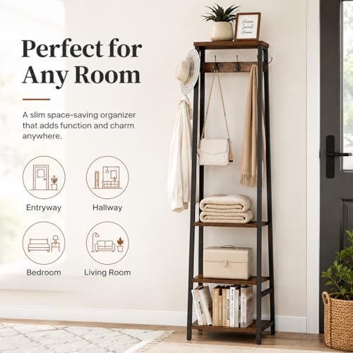 Coat Rack Freestanding, Coat Stand with 3 Shelves and 7 Hooks, Hall Tree Free Standing, Clothes Rack Stand Organizer, Industrial Style, Rustic Brown and Black - color: Rustic Brown and Black, style: 3 Shelves