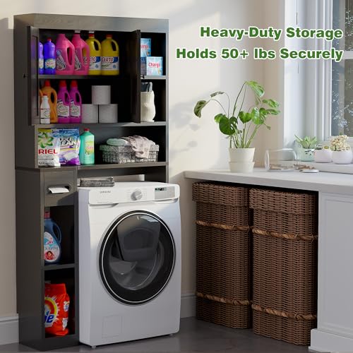 Over The Toilet Storage Cabinet with 7 Shelves, Imitation Walnut Grain Above Toilet Bathroom Organizer with Toilet Paper Holder Stand, Space Saver for Restroom, Laundry, Bathroom (Black) - color: Black