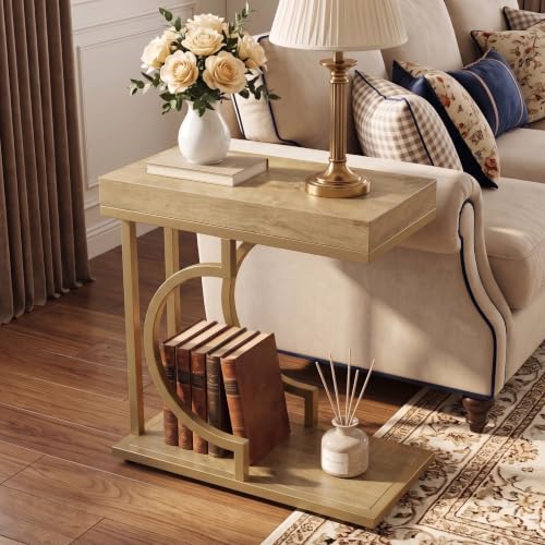 Tribesigns C Shaped Modern End Table for Coach with Metal Frame | Oak Wood Grain, Small Side Table for Living Room, Nightstand for Bedroom, Light Brown&Gold - color: Brown&gold