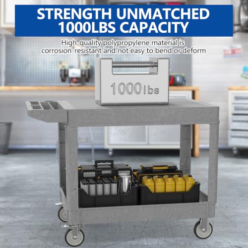 Large Garage Flat Top Utility Cart, Heavy Duty 2 Shelf Tool Cart Service Cart Rolling Push Carts with Ergonomic Handle 5" Swivel Casters. - color: Gray, size: 46 x 25 Inch