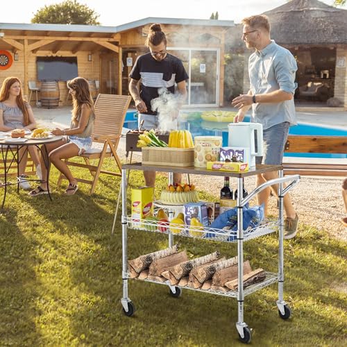 Rolling Kitchen Carts on Wheels With Storage,650Lbs Heavy Duty Metal Cart with Wheels,3 Tier Rolling Cart with Wooden Top,NSF Utility Cart with Handle for Food Cart Serving Carts,30.3"L*31.9"H*18.1"W - size: 35.4"L*18.1"W*31.9"H with Adjustable Shelves