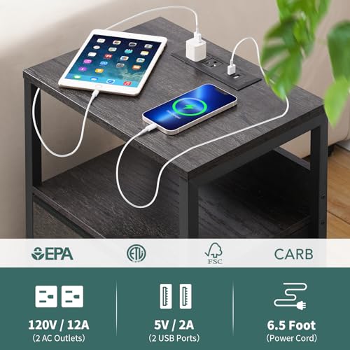 Yoobure Nightstand with Charging Station, LED Night Stand with Fabric Drawers and Storage Shelf for Bedroom, Nightstands Bedside Tables with USB Ports & Outlets, Small Night Stands, Bed Side Table - color: Charcoal Gray