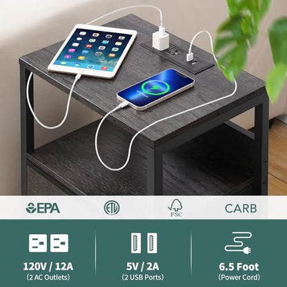 Yoobure Nightstand with Charging Station, LED Night Stand with Fabric Drawers and Storage Shelf for Bedroom, Nightstands Bedside Tables with USB Ports & Outlets, Small Night Stands, Bed Side Table - color: Charcoal Gray