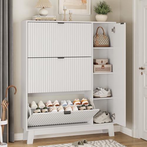 Xixini Shoe Cabinet with 3 Flip Drawers, 54" Tall Narrow Fluted Shoe Storage Organizer for Entryway, Hidden Wooden Shoe Rack with Adjustable Side Cabinet for Front Door Entrance, Hallway, Solid White - color: Solid White, size: 3 Flip Drawers & Side Cabin