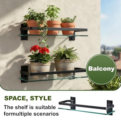 Bathroom Glass Shelf 15.7" Black Wall-Mounted, Floating Metal Storage Rack | 3 Pack Aluminum Tempered Glass 0.3in Extra Thick Rectangular，Space-Saving Design - color: Black 3 Pack