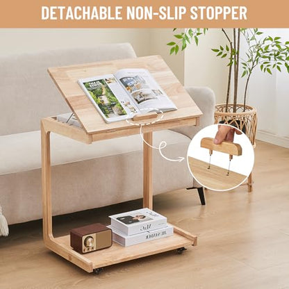 Uniclinens Couch Tables that Slide Under - Rolling Side Table C Shape, Wooden Slim Sofa Desk with Wheels, Small TV Tray for Laptop Multi-Purpose Living Room Bedroom, Natural - color: Natural, style: Style 3