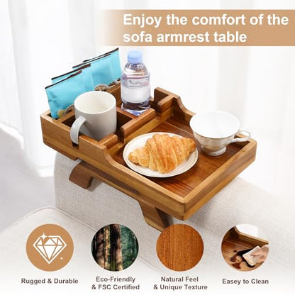 Couch Armrest Table, Acacia Wood Sofa Arm Table with 2 Cup Holders, 15.4"x9.8" Large Foldable Clip on Couch Arm Tray Table with Remotes Storage Slot - color: Acacia