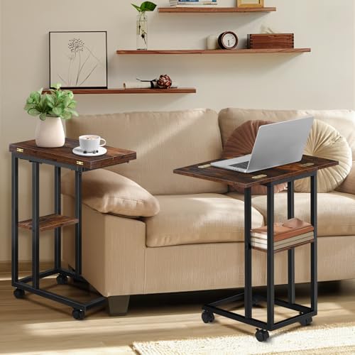 Foldable Small Side Table - C Shaped Couch End Table with Storage Shelf and Wheels, Expandable Wooden Snack Tray Table for Living Room Bedroom Sofa Bedside Chair Small Spaces Rustic Brown