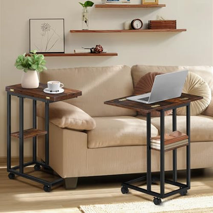 Foldable Small Side Table - C Shaped Couch End Table with Storage Shelf and Wheels, Expandable Wooden Snack Tray Table for Living Room Bedroom Sofa Bedside Chair Small Spaces Rustic Brown