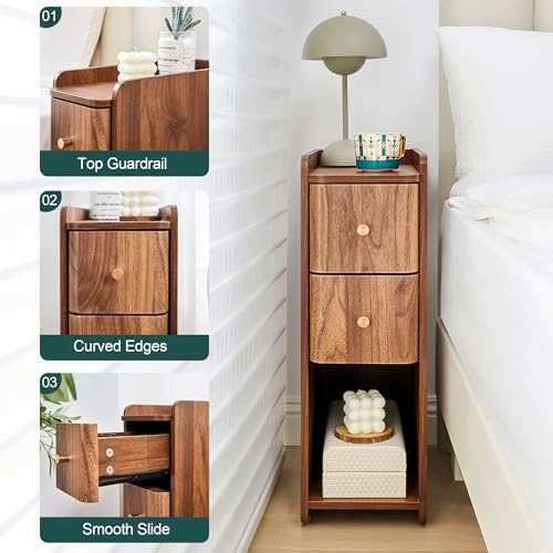 Narrow End Table Bedroom, Wooden Small 2 Drawer Nightstand, Thin Couch Side End Table, Skinny Bedside Table Small Spaces, Mid Century Modern Night Stand with Drawers (Walnut-1 pc) - color: Walnut-1 Pc