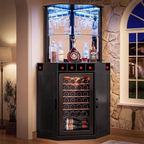 GDLF Tall Corner Bar Cabinet with Fridge Space, LED Liquor Cabinet, Black - color: Black, size: 73.1" Tall