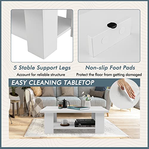 Tangkula 2-Tier Coffee Table, Modern Rectangular Center Cocktail Table with 5 Support Legs, Wooden Accent Living Room Furniture, Small Coffee Table for Small Spaces, Easy Assembly (White) - color: White