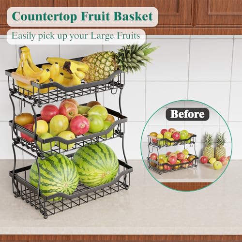 Giwil 3 Tier Countertop Fruit Basket for Kitchen, Vegetable Storage Bread Fruit Bowl Stand with 2 Banana Hooks, Wall Mounted Metal Wire Basket Organizer for Potato Onion, Black - size: 3 Tier Wire Basket Top