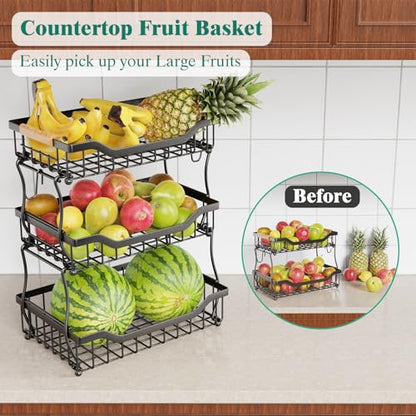 Giwil 3 Tier Countertop Fruit Basket for Kitchen, Vegetable Storage Bread Fruit Bowl Stand with 2 Banana Hooks, Wall Mounted Metal Wire Basket Organizer for Potato Onion, Black - size: 3 Tier Wire Basket Top