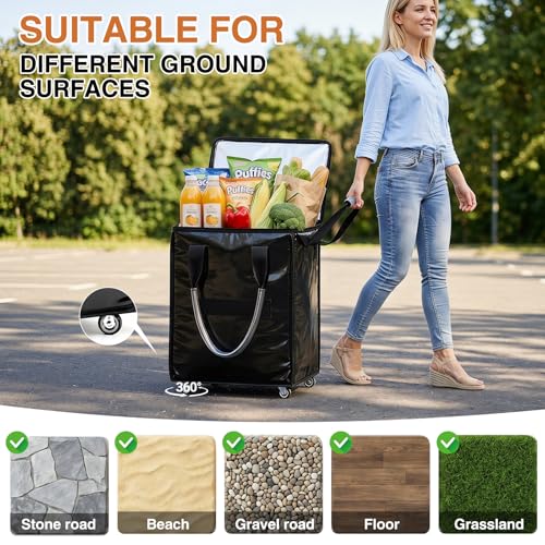 Large Reusable Grocery Bag on Wheels, Foldable Rolling Tote Bag with Handle and Zipper for Market Laundry Travel - color: Black
