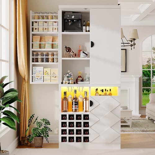 kepptory 72" Tall Kitchen Pantry Storage Cabinet, Freestanding Bar Cabinet with RGB LED Light, White Kitchen Buffet Sideboard with Doors for Dining Room Living Room - color: White, size: 15.35"D x 30"W x 72"H