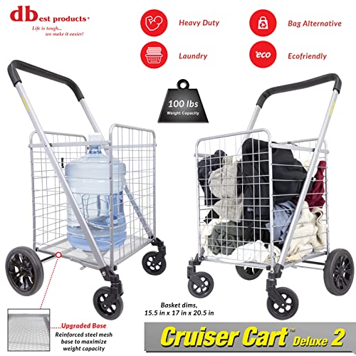 dbest Products Cruiser Cart Deluxe 2 Germ Guard Bundle Shopping Handle Grocery Rolling Folding Laundry Basket on Wheels Foldable Utility Trolley Compact Lightweight Collapsible - color: Silver, style: Deluxe 2 Germ Guard Bundle