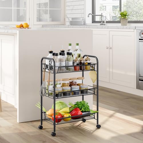SYKIARIOL Metal Rolling Utility Cart, 3-Tier Mesh Wire Storage Trolley with Easy Assembly, Organizer Craft Cart 3 Hooks, Mobile Shelving Unit for Kitchen, Bathroom, Laundry Room, and Home