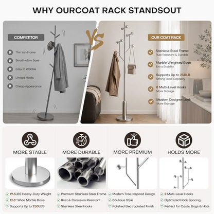 Coat Rack Freestanding Metal Coat Tree with 8 Metal Hooks | Heavy Duty Standing Coat Rack, Stainless Steel Marble Base, Coat Hanger Stand for Bedroom Entryway Hallway, Hat, Bags - color: Silver - Polished Chrome