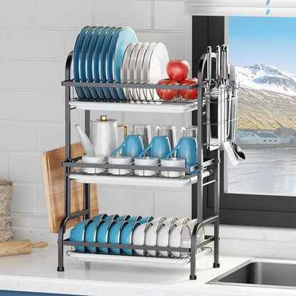BCWW Dish Drying Rack - 3 Tier Stainless Steel Dish Rack for Kitchen Counter, Large Capacity Kitchen Organizers and Storage Rack with Drainboard and Cutlery Holder