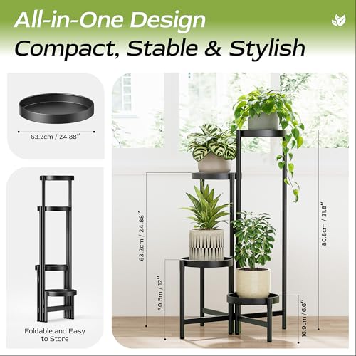 4 Tier Black Metal Foldable Corner Plant Stand w/ 7.9" Wide Tray Lg Pot - color: BlackDisk