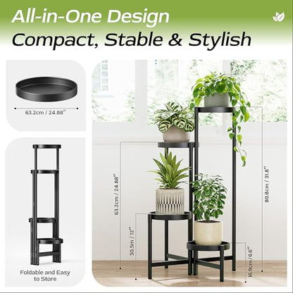 4 Tier Black Metal Foldable Corner Plant Stand w/ 7.9" Wide Tray Lg Pot - color: BlackDisk