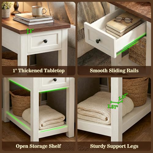 Narrow End Table with Charging Station - Farmhouse Side Table with Drawer, 14" Wide Wood Nightstand Slim Couch Bedside Table for Living Room Bedroom Small Spaces, 2-Tone Antique White & Brown - color: Antique White & Brown, size: 1 Pack