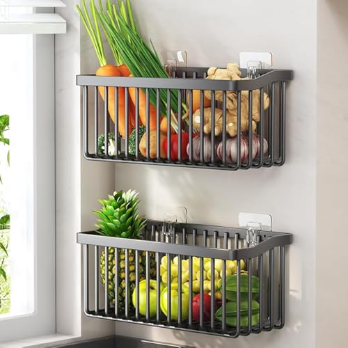 2 Pcs Fruit Basket Wire Baskets, Fruit and Veggie Storage Basket Holder for Kitchen Wall Mounted,Kitchen Organizers and Storage for Snack Onion Potato(Black)