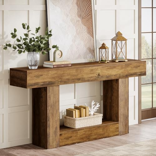 Tribesigns 63-Inch Long Console Table, 2-Tier Entryway Table Sofa Table with Storage, Farmhouse Wood Behind Couch Table for Living Room, Hallway, Rustic Brown - color: Rustic Brown