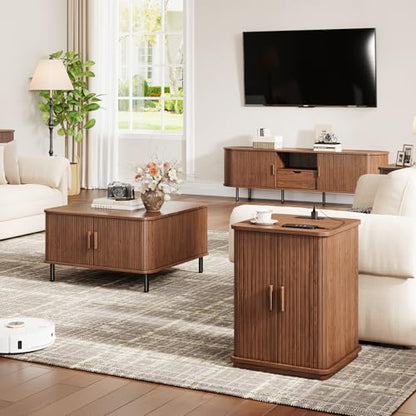 ONBRILL Square End Table with Charging Station, Fluted Storage Nightstand | Mid-Century Modern Accent Side Table with Sliding Door & Sturdy Pedestal, for Small Space, Living Room, Bedroom, Walnut - color: Walnut