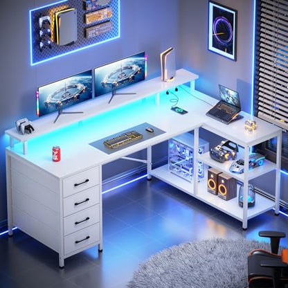 SEDETA L Shaped Gaming Desk with 4 Drawers, Shelves, Power Outlets, White | L Shaped Desk with LED Lights , Computer Desk with Shelves & Drawer, Corner Desk Home Office Desk - color: White