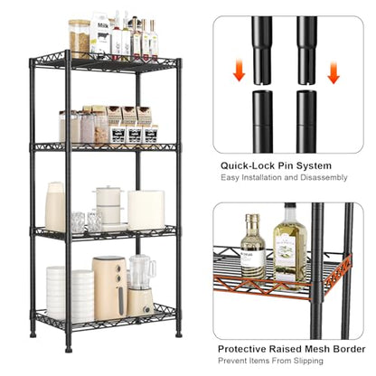 4-Tier Wire Shelf Metal Rack, Narrow Wire Shelving Unit, Small Wire Shelf | 17.3"Wx11.4"Dx44.3"H,Height Adjustable Storage Pantry Shelves with Lockable Wheels for Kitchen Office,Bathroom Small Spaces - color: 4-tier Black-17.3"x11.4" X44.3"(wxdxh)