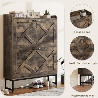 Nicetree Shoe Cabinet with 2 Flip Drawers, Entryway Organizer, Chestnut | Slim Wood Shoe Rack with Metal Legs, Farmhouse Shoe Cabinet Storage for Entryway, Foyer, Hallway, Shoe Dresser with Hook - color: Chestnut