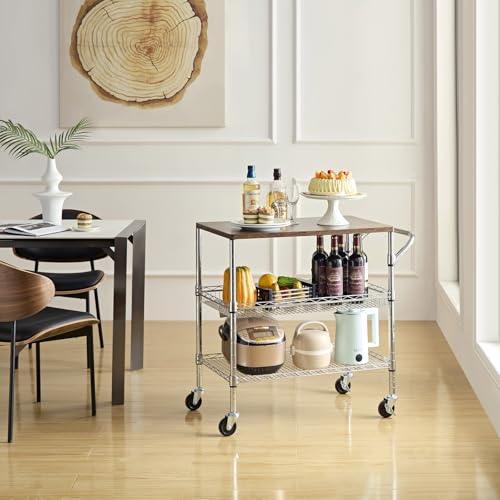 Rolling Kitchen Carts on Wheels With Storage,650Lbs Heavy Duty Metal Cart with Wheels,3 Tier Rolling Cart with Wooden Top,NSF Utility Cart with Handle for Food Cart Serving Carts,30.3"L*31.9"H*18.1"W - size: 35.4"L*18.1"W*31.9"H with Adjustable Shelves