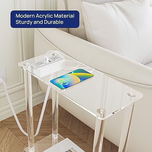 HMYHUM Acrylic Narrow Side Table with Charging Station, 7" Width, 2 Tier Small End Table for Small Spaces, Skinny Nightstand/Bedside Table with USB Ports & Outlet, Clear - size: 2-tier