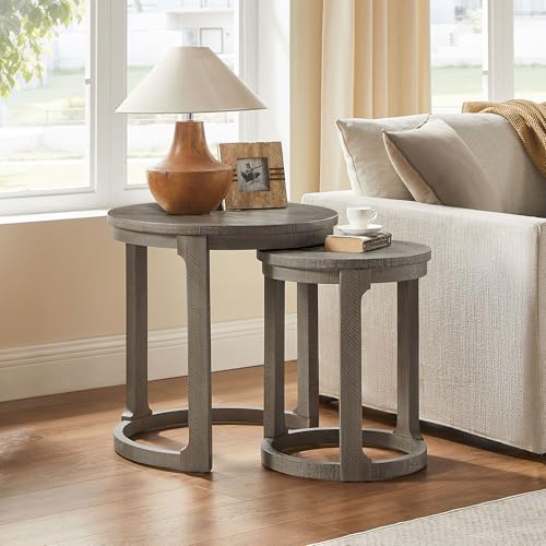 Round End Side Table Set of 2, Handcraft Nesting Table for Living Room, Modern Wood Circle Style, Easy Assembly, Light Brown - color: S1-2pcs-light Brown
