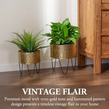 MyGift Modern Brass Tone Metal Planter Pots with Pebbled Texture, Hammered Plant Containers with Matte Black Wire Stands, 2 Piece Set, 8 and 10 Inch - Handcrafted in India - color: Brass