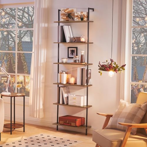 HOOBRO DIY Ladder Shelf, 6-Tier Wall Mounted Bookshelf, Office Vertical Bookcase, Wooden Storage Shelves for Home Office, Bedroom, Rustic Brown and Black BF65CJ01 - color: Rustic Brown and Black