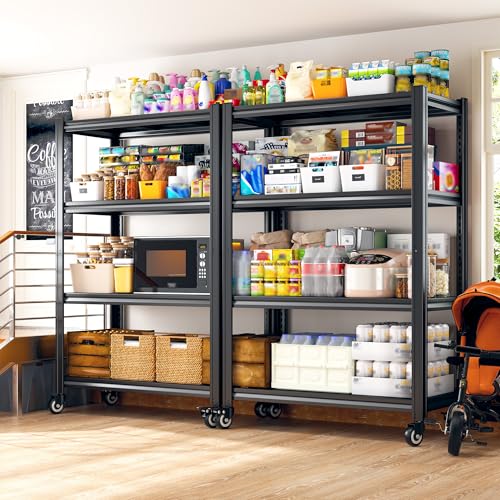 REIBII Rolling Storage Shelves Adjustable Shelf for Kitchen Office | 2080 LBS capacity,59.8" H x 31.5" W x 16.5" D,4 Tier,Black,Solid metal panels，360°wheels with lock,Boltless 10min assembly