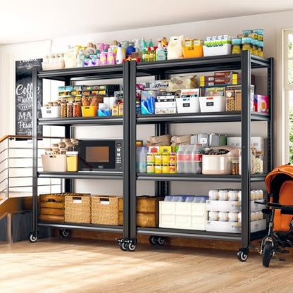 REIBII Rolling Storage Shelves Adjustable Shelf for Kitchen Office | 2080 LBS capacity,59.8" H x 31.5" W x 16.5" D,4 Tier,Black,Solid metal panels，360°wheels with lock,Boltless 10min assembly
