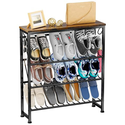 Narrow Shoe Rack, 4 Tier Slanted Metal Shoe Organizer for Small Space, Bench Shoe Storage Shelf for Entryway, Closet, Rustic Brown
