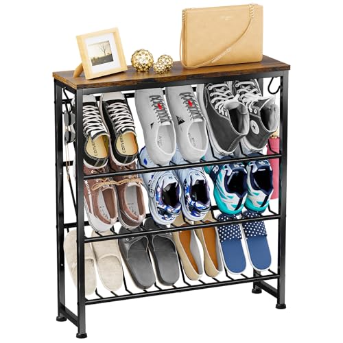Narrow Shoe Rack, 4 Tier Slanted Metal Shoe Organizer for Small Space, Bench Shoe Storage Shelf for Entryway, Closet, Rustic Brown