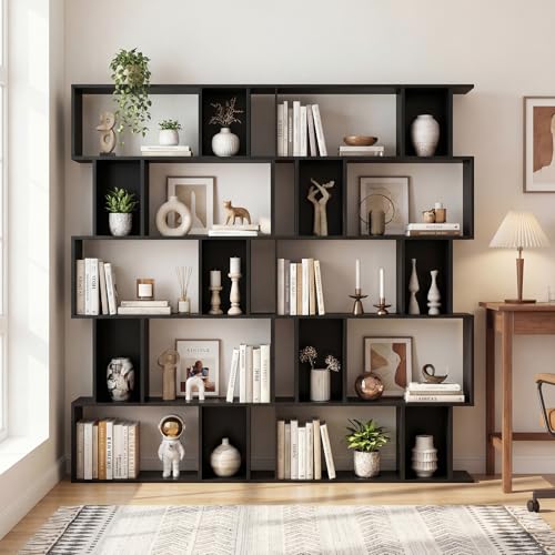 GOFLAME 5-Tier Geometric Bookshelf, 62” Tall Bookcase with 10 Open Back & Closed Back Cubes, Modern Display Book Shelf, S-Shaped Storage Organizer for Living Room, Home Office (1,Black) - color: Black