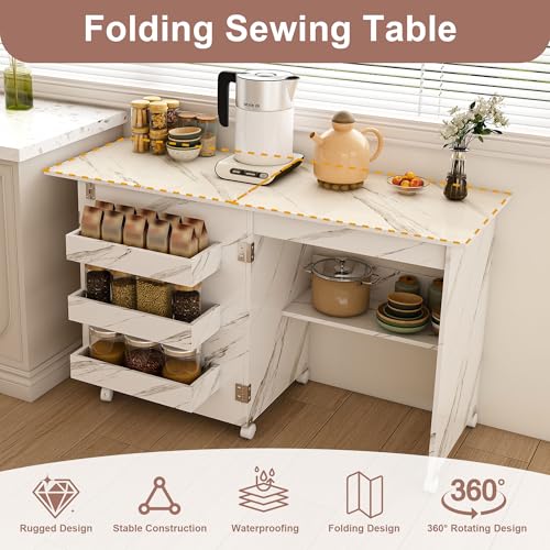4-in-1 Folding Sewing Table with Storage (45 Inch) | Sewing Desk Foldable with Lockable Wheels & Power Socket, Sewings Machine Cabinet & Craft Desk with Shelves, Compact Design - color: White, size: 45 Inch