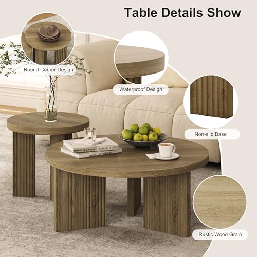 Nesting Coffee Table Set of 2, Walnut | Modern Wooden Coffee Table, Circle Tea Table and End Table Set, Accent Center Tables for Living Room, Office - color: Walnut, style: Coffee Table Set of 2