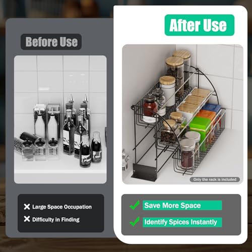 Spice Rack Organizer, 3 Tier Retractable Pull Down Cabinet Mount, Space Saving Design, Rust Resistant Heavy Duty with Railing Stopper & Mounting Screws for Kitchen Cabinet Pantry Cupboard